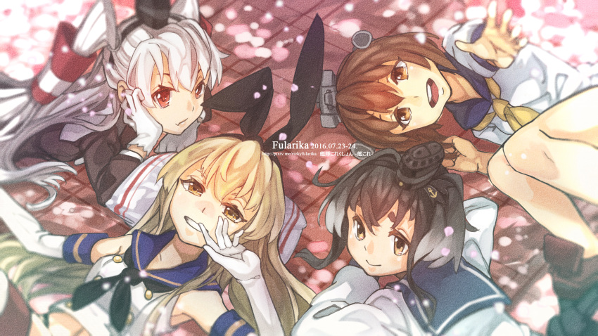 4girls absurdres amatsukaze_(kantai_collection) anchor_symbol arm_support artist_name black_hair blonde_hair bow brown_eyes brown_hair chin_rest dated dress elbow_gloves fetal_position fularika gloves grin hair_bow hair_tubes headgear highres kantai_collection long_hair looking_at_viewer lying midriff multicolored_hair multiple_girls navel on_back on_side on_stomach open_mouth outstretched_arm petals sailor_collar sailor_dress shimakaze_(kantai_collection) short_hair short_hair_with_long_locks sleeveless smile tokitsukaze_(kantai_collection) two_side_up upper_body white_gloves white_hair yellow_eyes yukikaze_(kantai_collection)