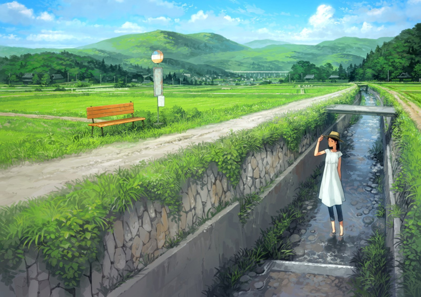 1girl arm_up bench black_hair blue_pants blue_sky bridge brown_hat building bus_stop canal day denim dress fedora field forest full_body grass hat highres holding holding_hat house jeans landscape long_hair looking_at_viewer nature original outdoors pants path plant road road_sign rural scenery short_sleeves sign sky soaking_feet solo standing stream summer village wading white_dress yoshida_seiji