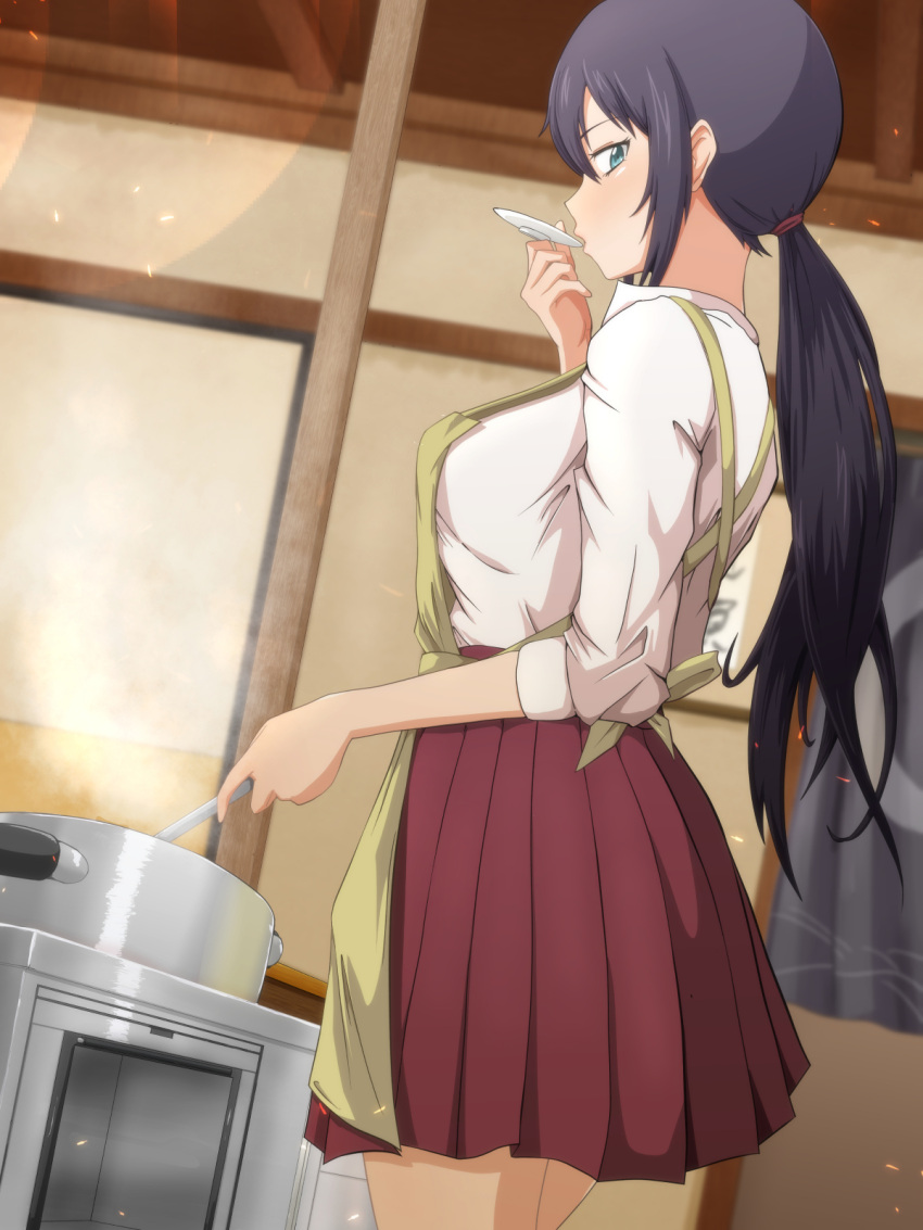 1girl amaama_to_inazuma apron black_hair blue_eyes cooking dutch_angle from_side highres iida_kotori long_hair looking_at_viewer looking_back low_ponytail oshiza pleated_skirt ponytail pot school_uniform sidelocks skirt sleeves_rolled_up solo steam tasting