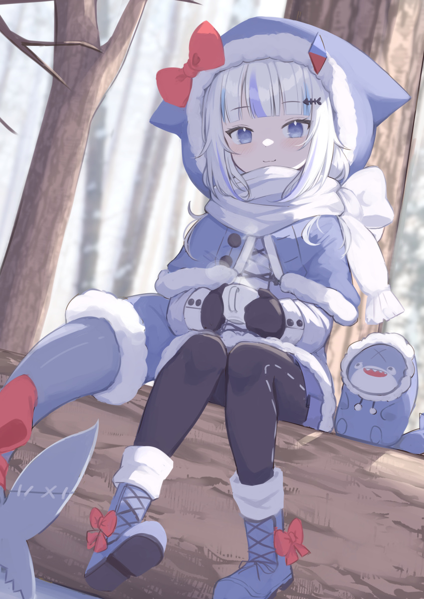 1girl :3 absurdres bangs bare_tree black_legwear bloop_(gawr_gura) blue_capelet blue_eyes blue_footwear blue_hair blunt_bangs boots bow capelet coat commentary cup english_commentary eyebrows_visible_through_hair fish_tail forest fur-trimmed_boots fur-trimmed_capelet fur_trim gawr_gura hair_ornament hairclip highres holding holding_cup hololive hololive_english klaius log looking_at_viewer mittens multicolored_hair nature outdoors pantyhose red_bow scarf shark_tail sitting smile snow snowing solo steam streaked_hair tail tree two-tone_hair virtual_youtuber white_coat white_hair white_scarf winter winter_clothes