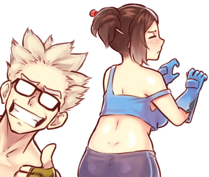 1boy 1girl :d bare_shoulders beads bespectacled black-framed_eyewear blue_gloves blue_legwear breasts brown_hair closed_eyes fingerless_gloves from_behind glasses glasses_switch gloves green_gloves grin hair_bun hair_ornament hair_stick hands_up junkrat_(overwatch) large_breasts looking_at_viewer mei_(overwatch) off_shoulder open_mouth overwatch pants short_hair sieyarelow simple_background smile spiky_hair strap_slip tank_top thumbs_up white_background