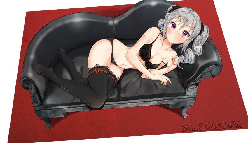 1girl absurdres black_bra black_legwear black_panties blush bow bow_panties bra breasts cleavage couch drill_hair hair_ribbon highres idolmaster idolmaster_cinderella_girls kanzaki_ranko lace lace-trimmed_bra lace-trimmed_thighhighs large_breasts long_hair looking_at_viewer lying masamuuu navel no_shoes on_side panties red_eyes ribbon ribbon-trimmed_thighhighs silver_hair solo strap_slip thigh-highs twin_drills twintails underwear underwear_only