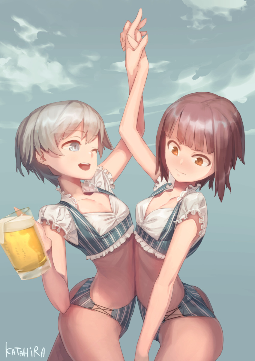 2girls alcohol arm_up artist_name ass auburn_hair beer beer_mug blue_eyes blush brown_eyes clouds commentary_request cowboy_shot crop_top cup dirndl embarrassed flat_chest german_clothes highres holding holding_cup holding_hands interlocked_fingers kantai_collection katahira_(hiyama) mug multiple_girls navel oktoberfest one_eye_closed open_mouth short_hair short_shorts shorts silver_hair smile standing z1_leberecht_maass_(kantai_collection) z3_max_schultz_(kantai_collection)