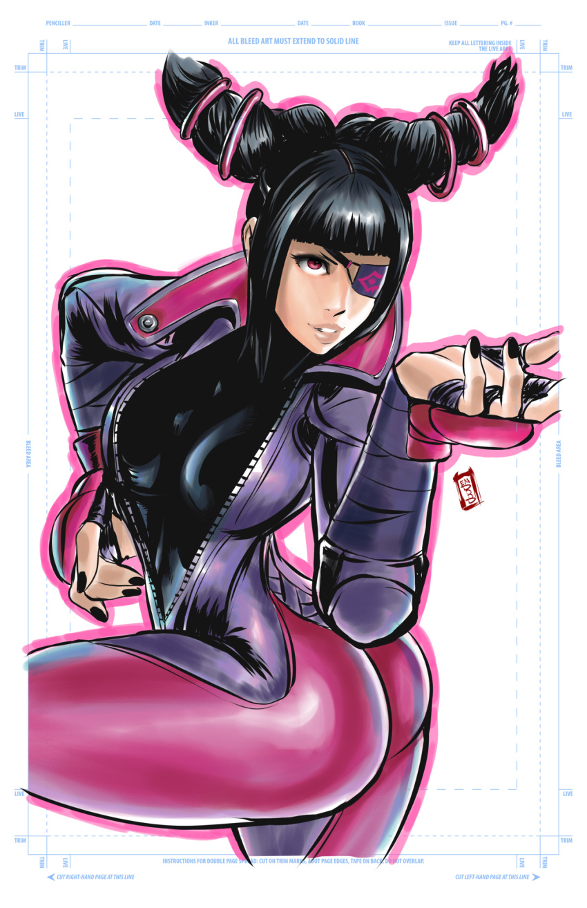 1girl biker_clothes bikesuit black_nails breasts drill_hair eyepatch fingerless_gloves gloves han_juri highres nail_polish solo street_fighter street_fighter_v twin_drills unzipped