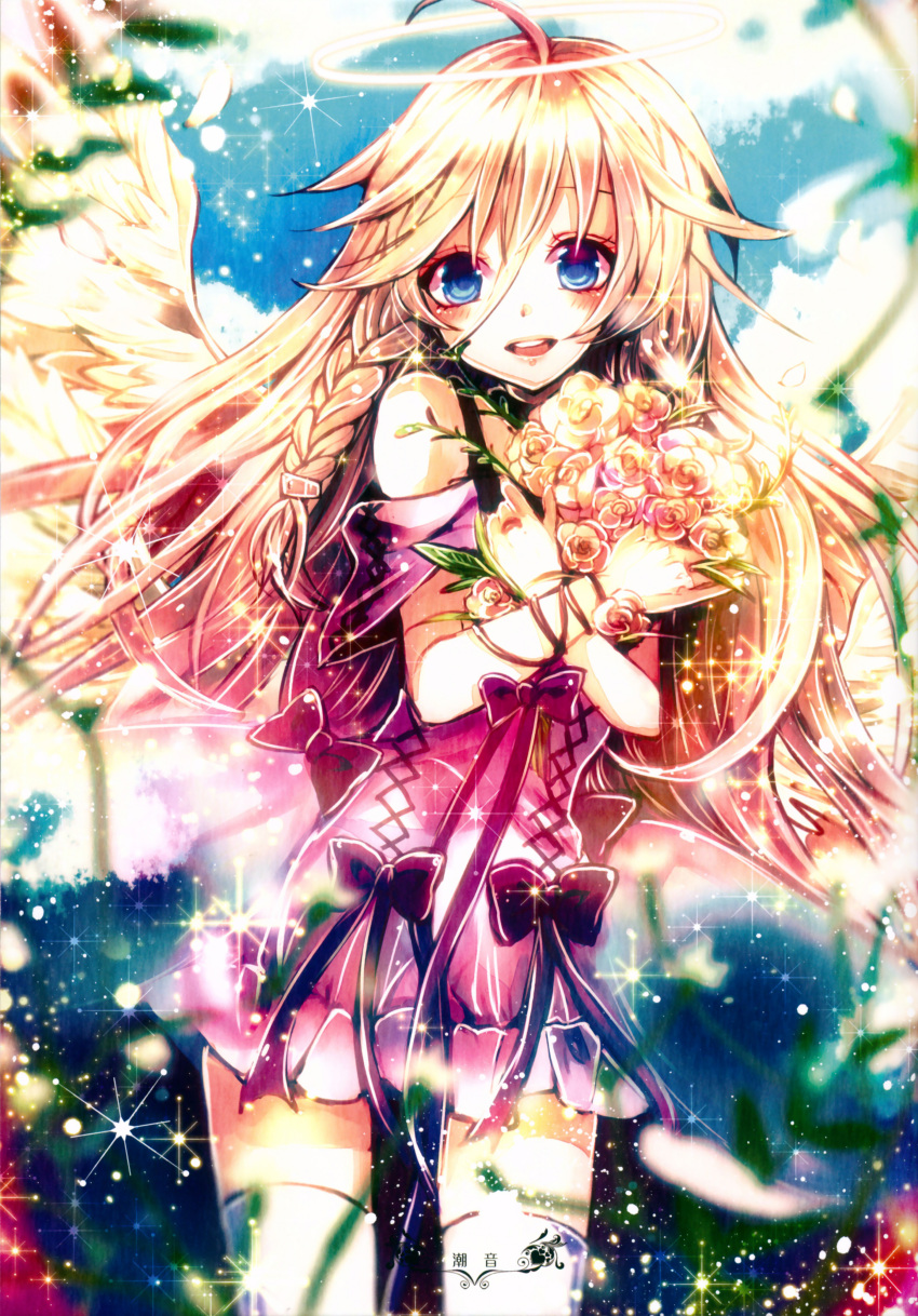 1girl absurdres ahoge blonde_hair blue_eyes dress feathered_wings highres ia_(vocaloid) long_hair sazanami_shione solo thigh-highs vocaloid white_legwear wings