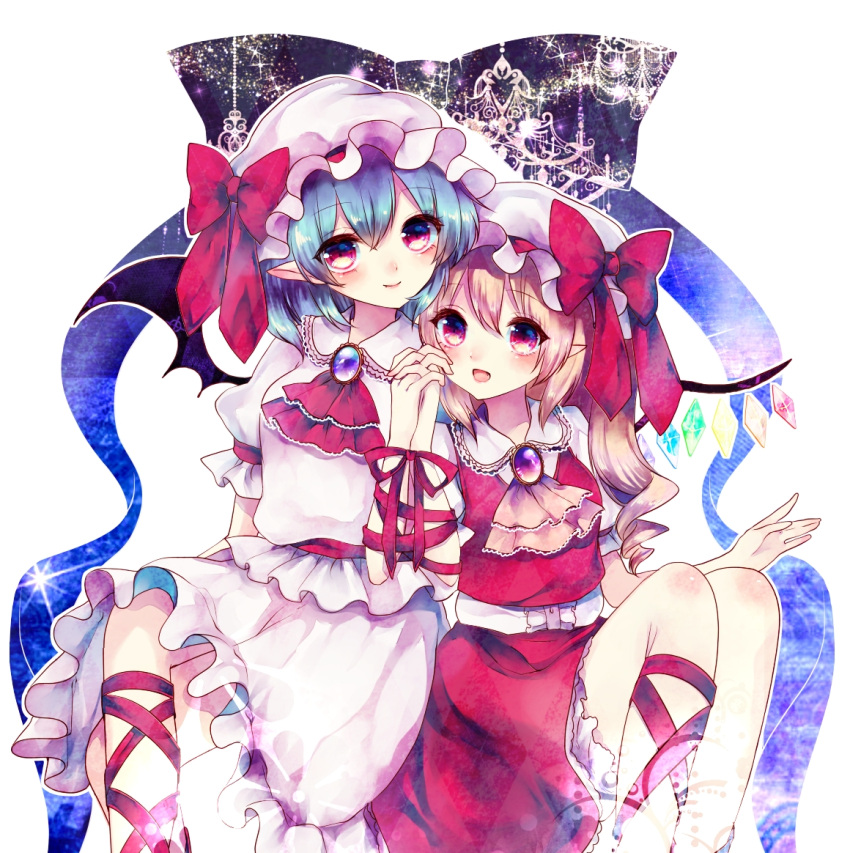 2girls ascot bat_wings blonde_hair blue_hair blush bow brooch collaboration flandre_scarlet ginzuki_ringo hands_on_own_face hat hat_bow jewelry mob_cap multiple_girls open_mouth red_eyes remilia_scarlet shanghai_bisu siblings sisters steepled_fingers touhou wings