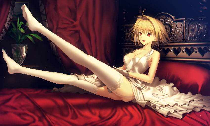 1girl :d absurdres antenna_hair arcueid_brunestud bangs bed blonde_hair breasts canopy_bed cleavage collarbone dress full_body garter_straps gloves hair_intakes highres indoors kawanakajima lace lace-trimmed_thighhighs legs_up lingerie looking_at_viewer no_shoes on_bed open_mouth panties pantyshot pillow plant red_eyes round_teeth short_hair sitting sleeveless sleeveless_dress smile solo teeth thigh-highs thighs tsukihime type-moon underwear vase white_dress white_garter_straps white_gloves white_legwear