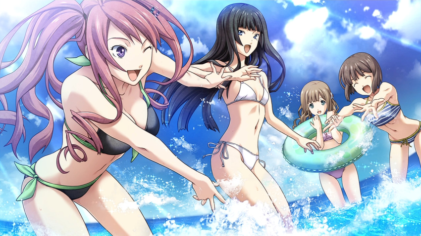 4girls bikini black_bikini black_hair blue_eyes breasts brown_hair clouds cloudy_sky day dunamis_15 fingernails flat_chest flower fringe game_cg goto_manami green_eyes hair_flower hair_ornament hands happy holding ichii_natsuki innertube light_rays long_hair looking_at_another medium_breasts mole multiple_girls nagahama_megumi navel niwa_konomi ocean one_eye_closed open_mouth outdoors outstretched_arms panties patterned pink_hair ponytail purple_bikini short_hair side-tie_bikini side-tie_panties sky stomach striped striped_bikini summer swimsuit tongue underwear violet_eyes water white_bikini yamato_ichika