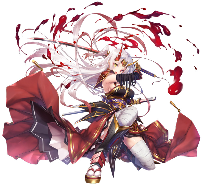 1girl bandages blood forehead_protector gauntlets hayakawa_harui headpiece heterochromia horns japanese_clothes katana long_hair looking_at_viewer open_mouth original ponytail red_eyes simple_background solo sword unsheathed very_long_hair weapon yellow_eyes