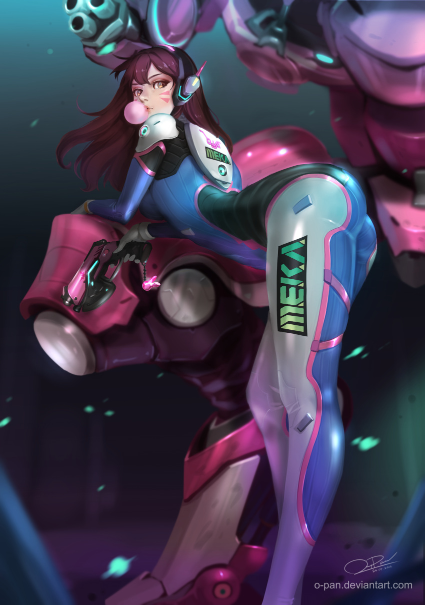 1girl absurdres acronym arched_back arm_cannon arm_support armor ass bangs bodysuit boots bracer breasts brown_eyes brown_hair bubble_blowing bubblegum charm_(object) d.va_(overwatch) eyelashes facepaint facial_mark from_side gatling_gun gloves gum gun headphones highres hips holding holding_gun holding_weapon leaning_forward long_hair long_sleeves looking_at_viewer mecha medium_breasts meka_(overwatch) o-pan overwatch pauldrons pilot_suit shiny shiny_skin shoulder_pads signature skin_tight solo swept_bangs thigh-highs thigh_boots thigh_strap thighs watermark weapon web_address whisker_markings white_boots white_gloves
