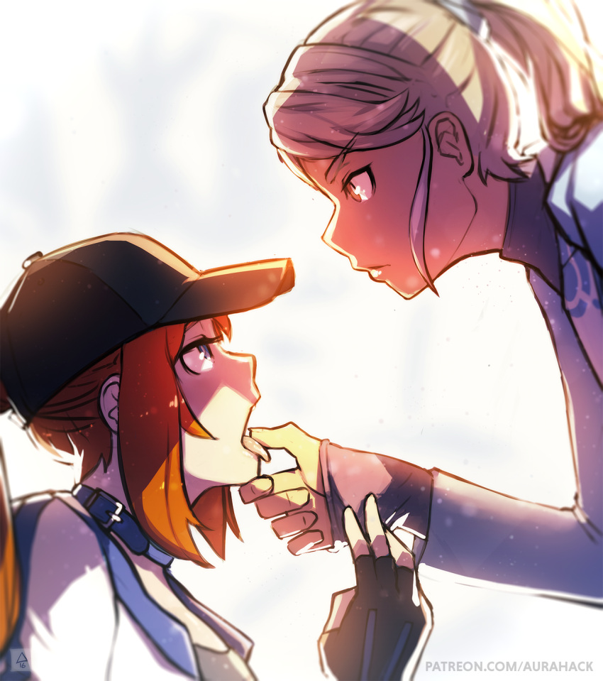1girl androgynous baseball_cap black_gloves blanche_(pokemon) blue_eyes brown_hair collar erica_lahaie eye_contact female_protagonist_(pokemon_go) finger_in_another's_mouth fingerless_gloves gloves hat highres long_hair looking_at_another open_mouth orange_eyes pokemon pokemon_go ponytail profile sidelocks sleeves_past_wrists tongue tongue_grab tongue_out watermark web_address white_hair