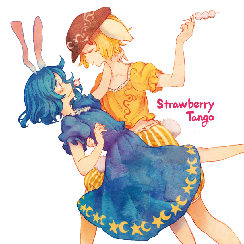2girls animal_ears blonde_hair blue_dress blue_hair bunny_tail closed_eyes dancing dango dress food hand_on_another's_back hand_on_another's_neck hat highres multiple_girls rabbit_ears ringo_(touhou) seiran_(touhou) shirt short_hair short_sleeves simple_background smile tail tango terajin touhou wagashi white_background