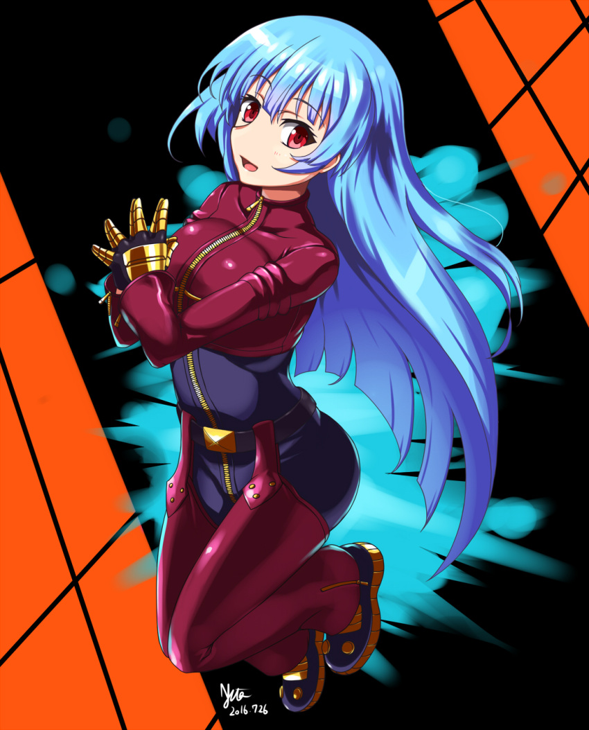1girl :d belt bent_knees blue_hair chaps commentary_request cropped_jacket dated fingers_together full_body gloves highres kula_diamond long_hair long_sleeves looking_at_viewer nishiumi_yuuta open_mouth red_eyes signature smile solo the_king_of_fighters zipper