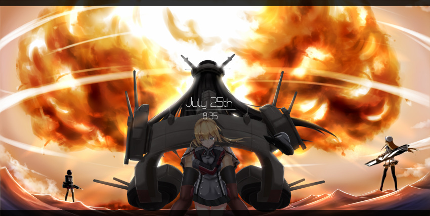 4girls aqua_eyes back back-to-back backlighting black_hair black_legwear black_skirt blonde_hair cannon commentary_request crossed_arms explosion eyebrows eyebrows_visible_through_hair facing_away gloves headgear highres iron_cross kantai_collection letterboxed long_hair long_sleeves looking_down machinery mag military military_uniform miniskirt multiple_girls mushroom_cloud nagato_(kantai_collection) one_eye_closed operation_crossroads orange_sky pleated_skirt prinz_eugen_(kantai_collection) red_skirt sakawa_(kantai_collection) saratoga_(zhan_jian_shao_nyu) skirt sky standing tears text thigh-highs time turret twintails uniform water white_gloves zhan_jian_shao_nyu