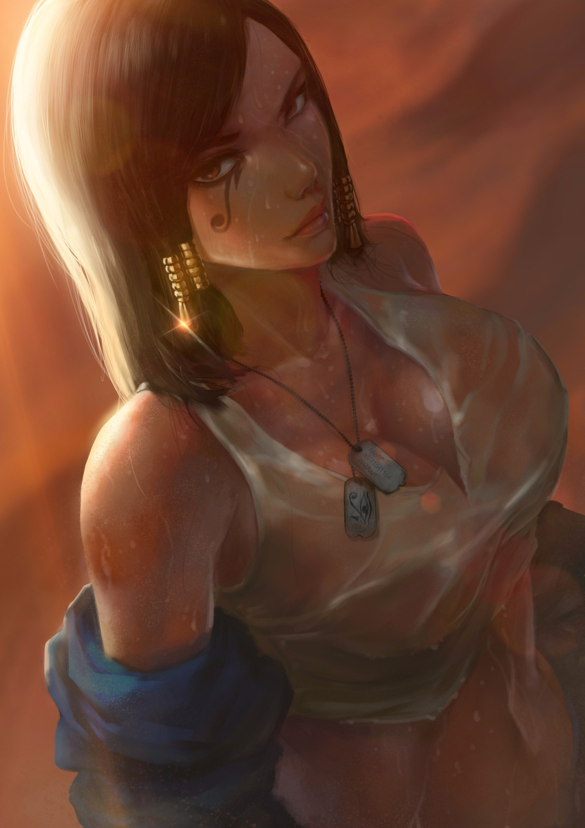 1girl absurdres berserkerz black_hair blizzard_(company) blue_clothes blue_coat breasts brown_background brown_eyes cleavage coat dark_skin dog_tags egyptian eye_of_horus gleam gold hair_ornament hair_rings highres hot large_breasts looking_at_viewer midriff navel overwatch pharah_(overwatch) shiny shiny_skin solo sweat sweating sweating_profusely tank_top wet wet_clothes white_clothes