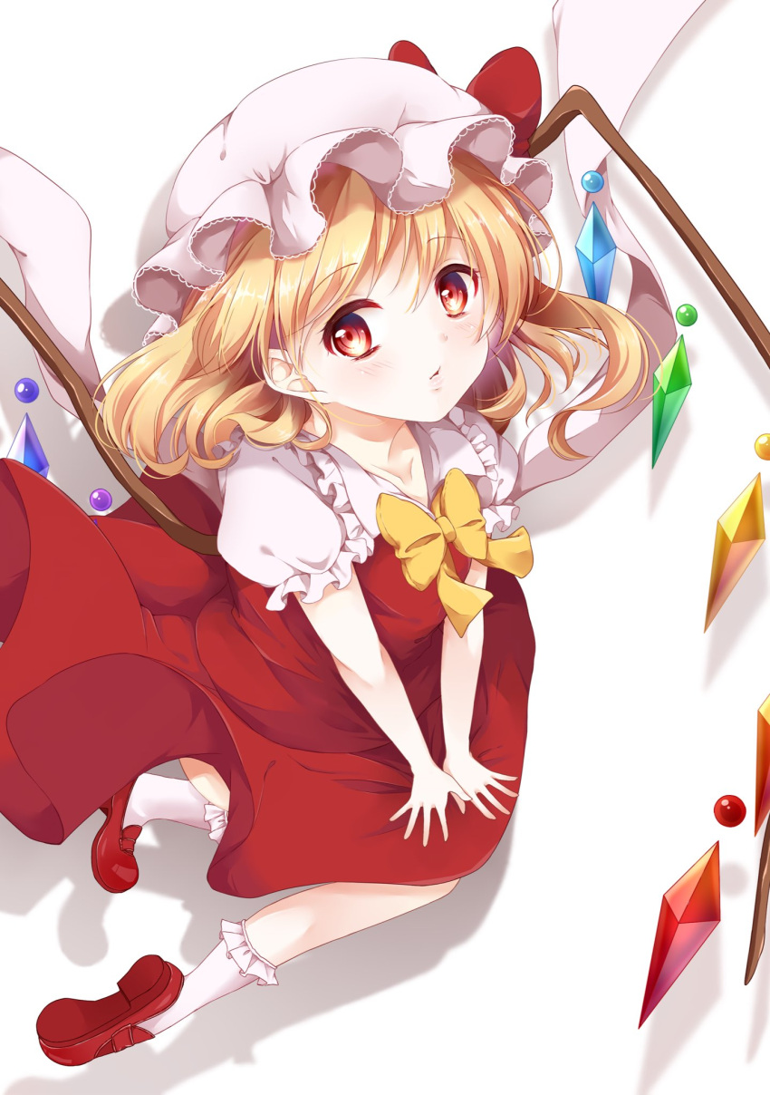 1girl arm_support blonde_hair colored_eyelashes crystal flandre_scarlet hair_between_eyes hat hat_ribbon highres lips looking_at_viewer mob_cap mumu-crown pouty_lips puffy_short_sleeves puffy_sleeves red_eyes red_ribbon red_skirt red_vest ribbon shirt short_sleeves side_ponytail skirt solo touhou white_shirt wings