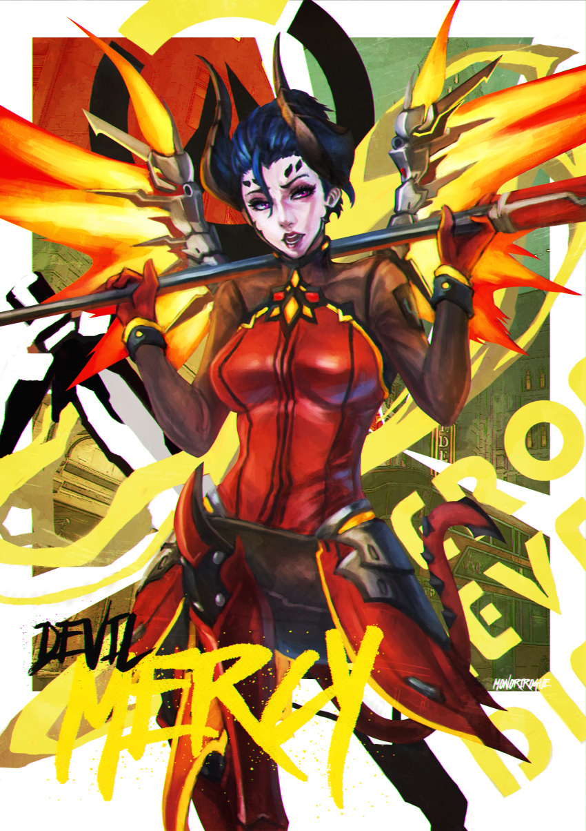 1girl absurdres alternate_costume alternate_hair_color black_hair demon_girl devil_mercy highres horns looking_at_viewer mechanical_wings mercy_(overwatch) monori_rogue open_mouth over_shoulder overwatch solo staff weapon weapon_over_shoulder wings