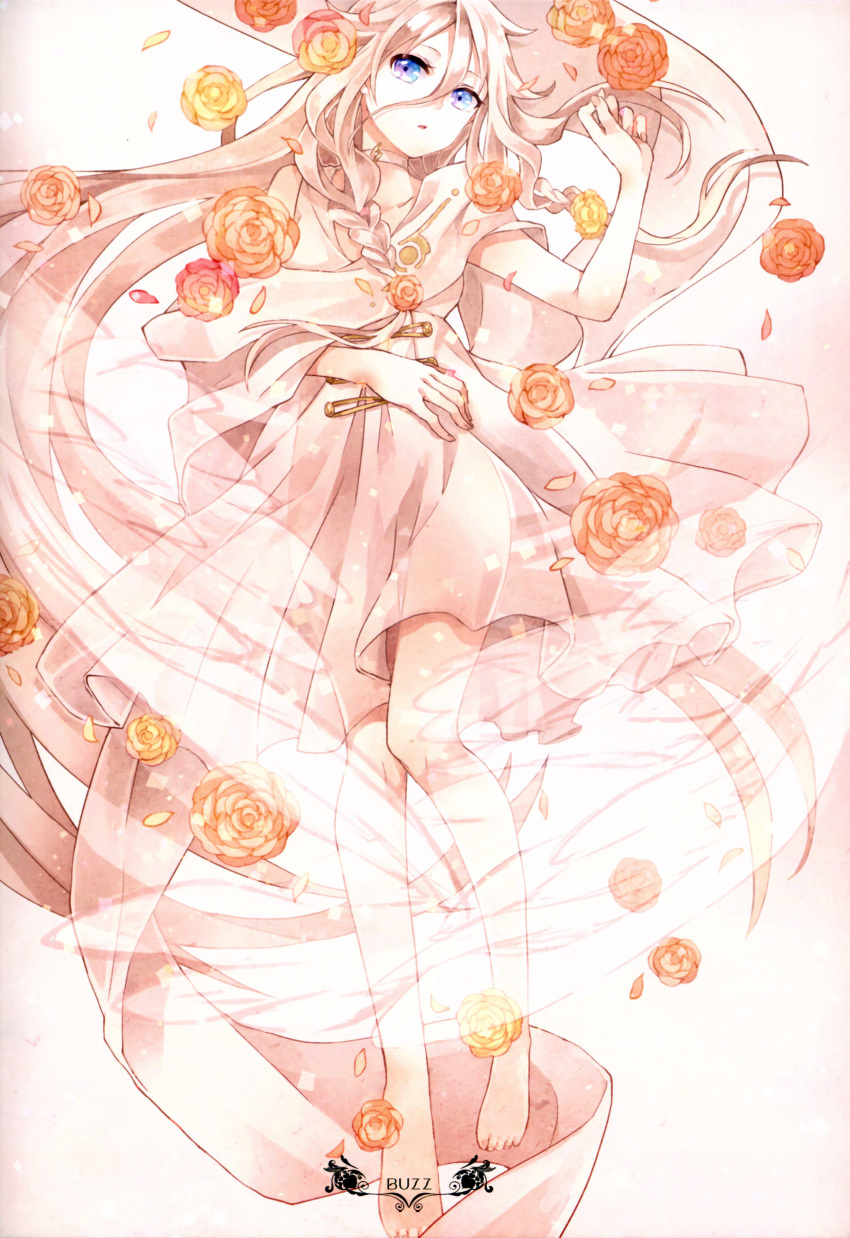 1girl absurdly_long_hair absurdres artist_name barefoot blue_eyes buzz collar collarbone hair_between_eyes hand_on_own_stomach highres ia_(vocaloid) long_hair looking_at_viewer lying on_back orange_flower silver_hair solo very_long_hair vocaloid