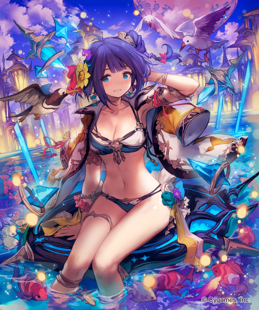 1girl armpits bikini bird blue_eyes blush breasts building character_request cleavage clouds collarbone copyright_name crystal earrings fish flower grin hair_flower hair_ornament hand_in_hair head_tilt highres jacket_on_shoulders jewelry lee_hyeseung looking_at_viewer moon navel outdoors purple_hair shingeki_no_bahamut side_ponytail sitting sky smile solo swimsuit teeth water