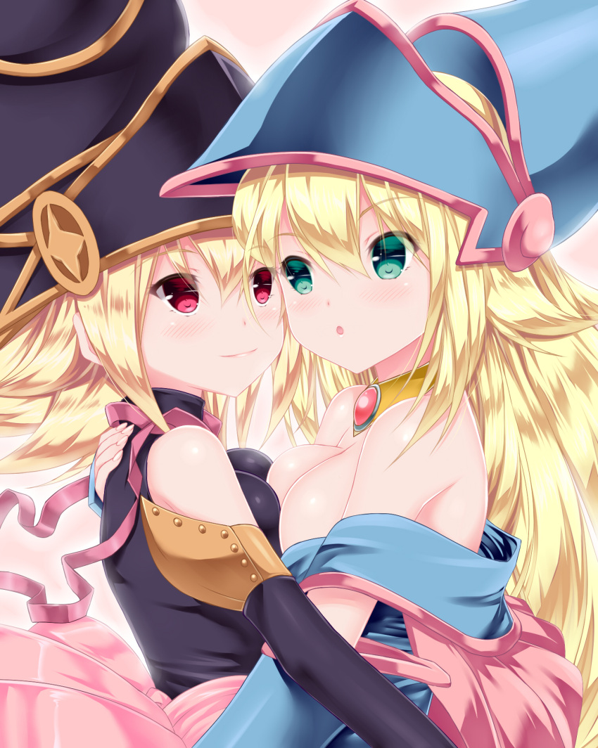 2girls bangs bare_shoulders black_hat blonde_hair blue_hat blush breast_press breasts closed_mouth dark_magician_girl duel_monster eye_contact eyebrows eyebrows_visible_through_hair fingernails from_side gagaga_girl green_eyes hair_between_eyes hand_on_another's_back hat highres hug jewelry karucho large_breasts long_fingernails long_hair looking_at_another multiple_girls necklace off_shoulder pink_ribbon red_eyes ribbon short_hair smile symmetrical_docking upper_body wizard_hat yuri yuu-gi-ou yuu-gi-ou_duel_monsters
