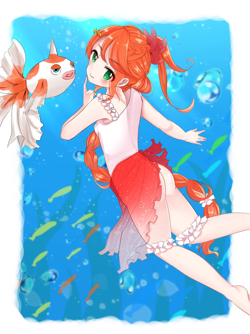 1girl :&gt; air_bubble ass braid error fish freediving goldeen green_eyes hair_ornament highres long_hair looking_back personification pinky_out pokemon pokemon_(creature) pokemon_(game) pokemon_go puffy_lips ranaruta redhead swimming thighlet underwater
