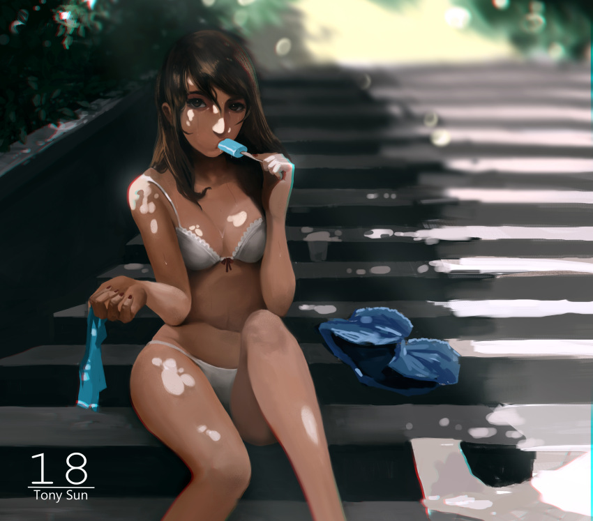 1girl absurdres artist_name blurry bra brown_eyes brown_hair chromatic_aberration dappled_sunlight depth_of_field fingernails highres holding_clothes holding_shirt looking_at_viewer nail_polish original outdoors panties popsicle red_nails sexually_suggestive shirt_removed shorts_removed sitting sitting_on_stairs solo stairs sunlight text tony_sun tree_shade underwear watermark white_bra white_panties
