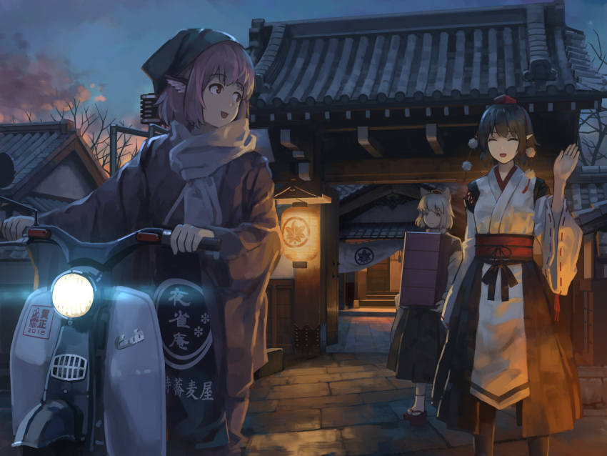 3girls ^_^ alternate_costume animal_ears architecture bangs black_hair box building carrying closed_eyes commentary_request dusk east_asian_architecture full_body geta ground_vehicle hand_up hat head_scarf head_wings highres inubashiri_momiji japanese_clothes kimono kourindou_tengu_costume lantern long_sleeves looking_at_another looking_back mikado_(winters) moped motor_vehicle multiple_girls mystia_lorelei night night_sky open_mouth outdoors paper_lantern pavement pink_hair pointy_ears pom_pom_(clothes) red_eyes ribbon_trim riding sash scarf scooter shameimaru_aya short_hair silver_hair sky smile socks standing tokin_hat touhou tree waving white_hair wide_sleeves wolf_ears