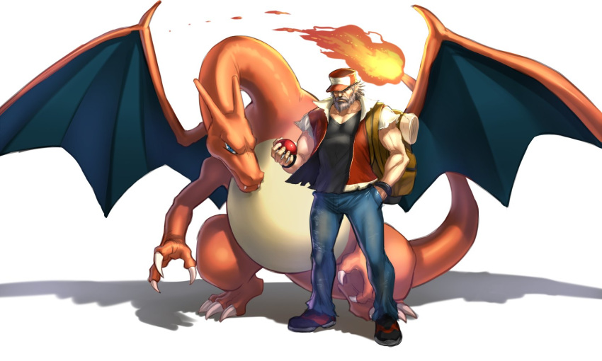 1boy baseball_cap beard black_shirt black_shoes blue_eyes blue_pants bracelet charizard claws collarbone denim facial_hair fangs fiery_tail full_body hand_in_pocket hat highres holding holding_poke_ball jacket jeans jewelry muscle old_man older open_clothes open_jacket pants poke_ball pokemon pokemon_(creature) pokemon_(game) pokemon_rgby red_(pokemon) red_hat red_jacket shirt shoes short_sleeves silver_hair simple_background standing t-shirt teeth white_background yapo_(croquis_side)