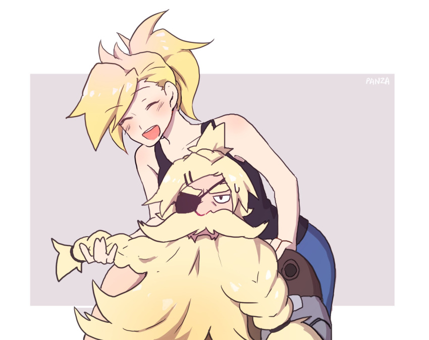 1boy ^_^ artist_name bare_shoulders beard blonde_hair blush braided_beard braiding_hair closed_eyes collarbone eyepatch facial_hair hairdressing hand_on_another's_shoulder highres mercy_(overwatch) mustache open_mouth overwatch pants panza pauldrons ponytail shoulder_pads smile sweatdrop tank_top torbjorn_(overwatch)