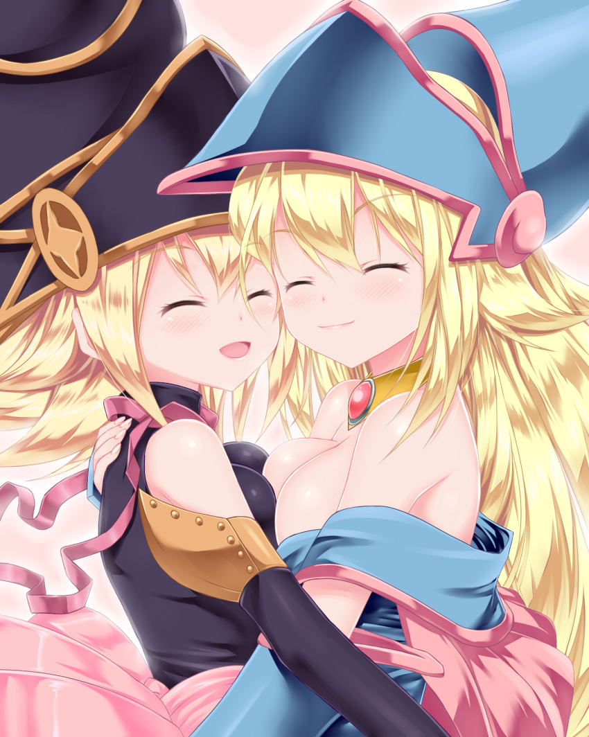 2girls :d ^_^ bangs bare_shoulders black_hat blonde_hair blue_hat blush breast_press breasts closed_eyes closed_mouth dark_magician_girl duel_monster eye_contact eyebrows eyebrows_visible_through_hair fingernails from_side gagaga_girl green_eyes hair_between_eyes hand_on_another's_back hat highres hug jewelry karucho large_breasts long_fingernails long_hair looking_at_another multiple_girls necklace off_shoulder open_mouth pink_ribbon red_eyes ribbon short_hair smile symmetrical_docking upper_body wizard_hat yuri yuu-gi-ou yuu-gi-ou_duel_monsters