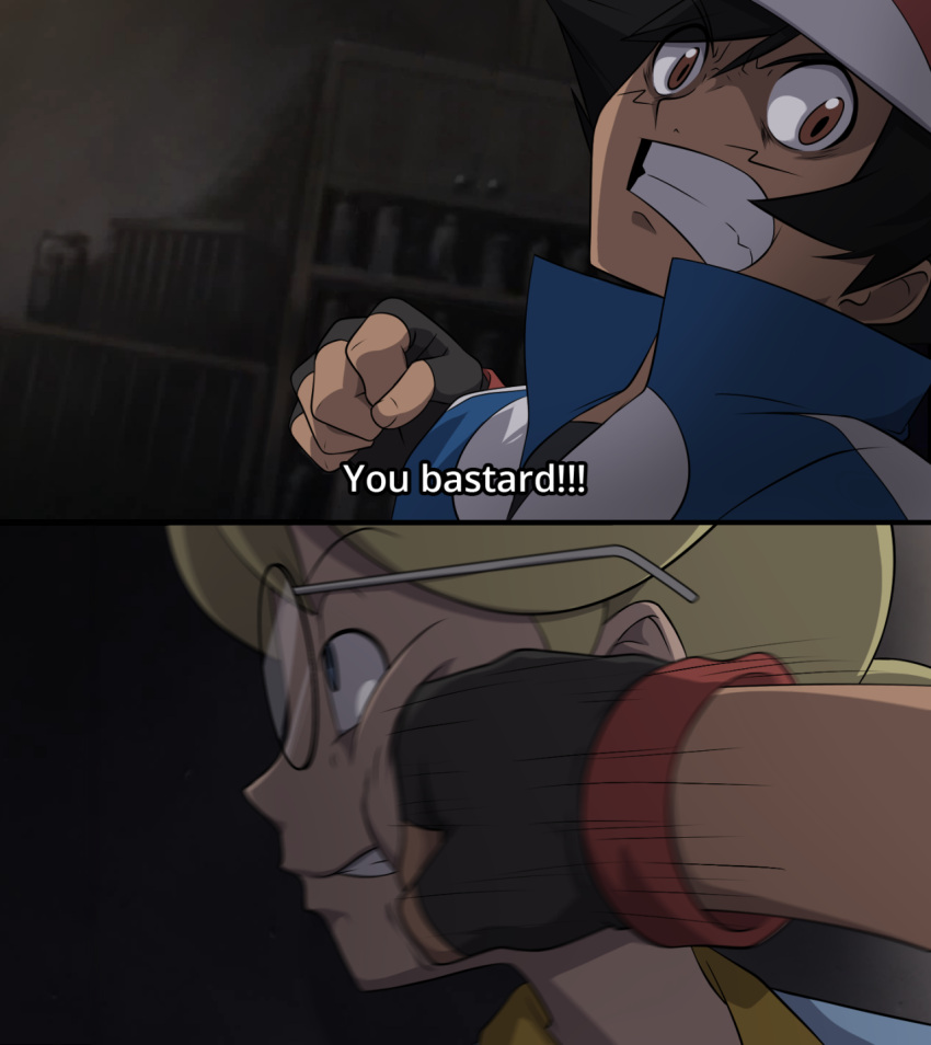 2boys baseball_cap black_hair blonde_hair blue_eyes brown_eyes citron_(pokemon) clenched_hand clenched_teeth close-up commentary constricted_pupils face_punch fake_screenshot fingerless_gloves fullmetal_alchemist glasses gloves hat highres in_the_face indoors mgx0 motion_blur motion_lines multiple_boys parody pokemon pokemon_(anime) punching satoshi_(pokemon) subtitled teeth upper_body violence