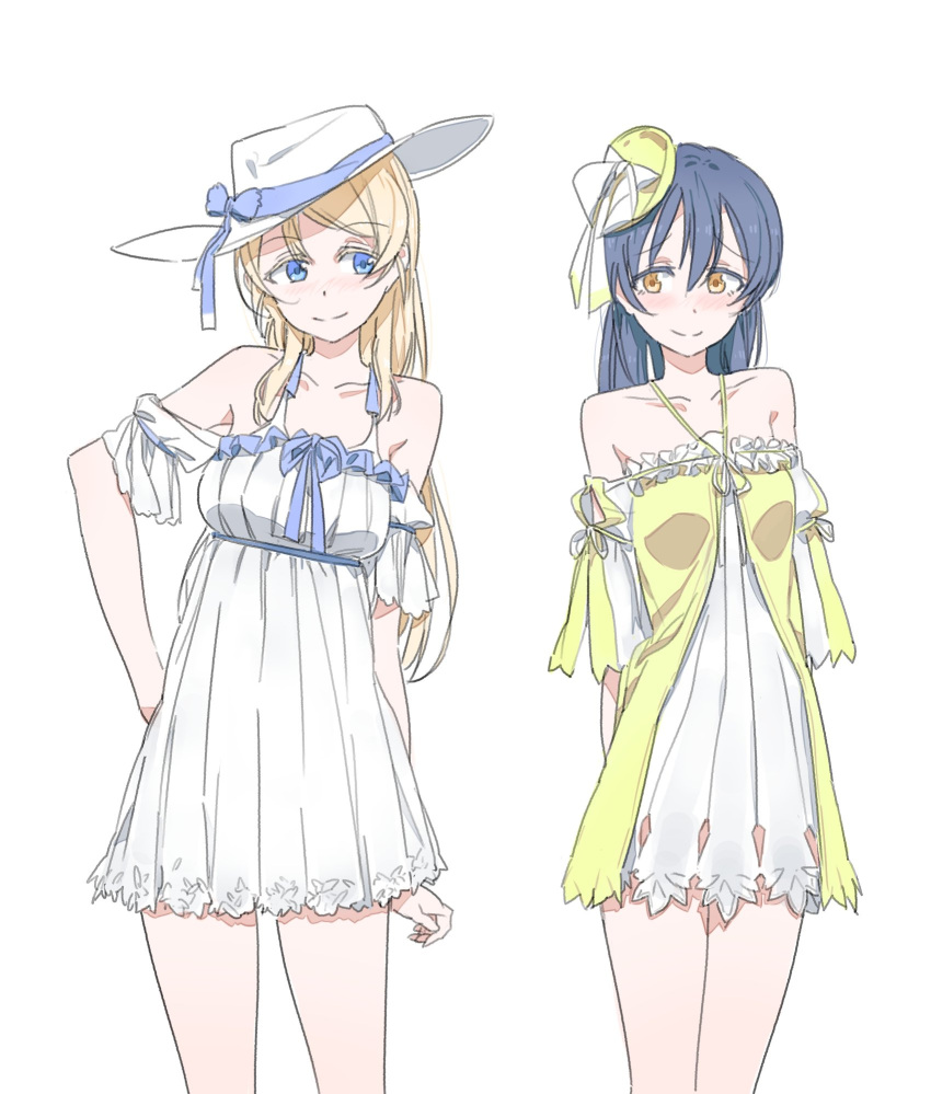 2girls ayase_eli bare_shoulders blonde_hair blue_eyes blue_hair collarbone contrapposto dress hair_between_eyes hair_down hand_on_hip hat highres long_hair love_live! love_live!_school_idol_project multiple_girls short_dress simple_background smile sonoda_umi sun_hat white_background white_dress yellow_dress yellow_eyes yohan1754