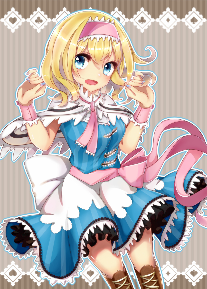 1girl alice_margatroid blonde_hair blue_dress blue_eyes boots capelet chiyori_(soleilandiris) cross-laced_footwear dress hairband highres knee_boots lace-up_boots lolita_hairband petticoat short_dress sleeveless sleeveless_dress touhou