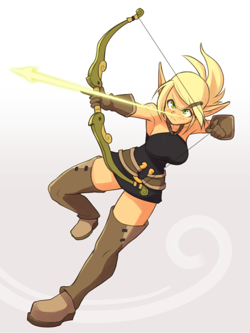 1girl arrow bare_shoulders blonde_hair boots bow_(weapon) breasts brown_gloves brown_legwear cra dress evangelyne freckles gloves gradient gradient_background green_eyes hair_ornament hairclip highres nestkeeper official_style pointy_ears short_dress short_hair solo thigh-highs thigh_boots wakfu weapon zettai_ryouiki