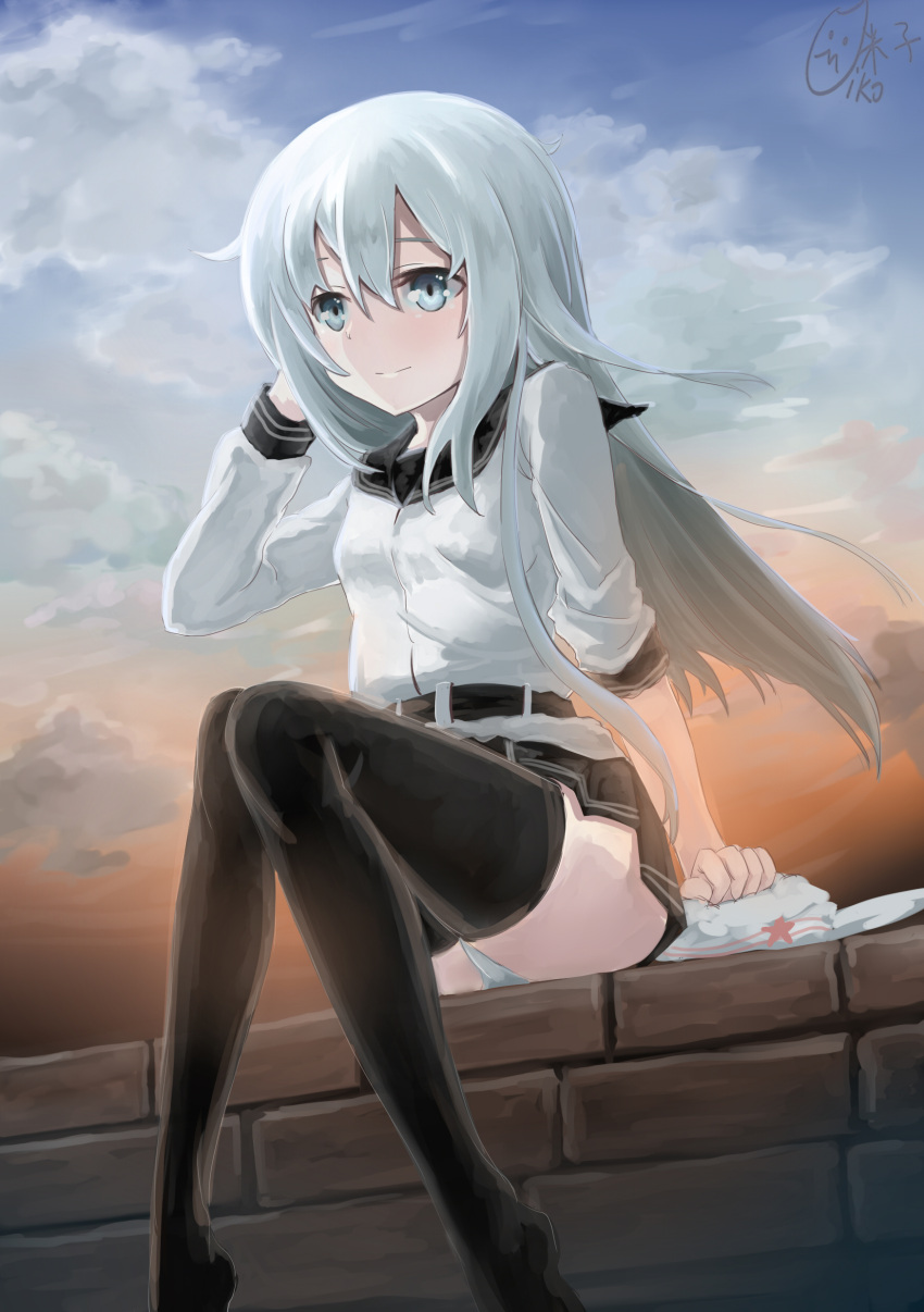 1girl absurdres arm_at_side bangs belt black_legwear black_skirt blouse blue_eyes brick_wall clouds cloudy_sky evening from_below hand_in_hair hand_up hat hat_removed headwear_removed hibiki_(kantai_collection) highres kantai_collection knees_together_feet_apart light_smile long_hair long_sleeves looking_afar miniskirt on_wall outdoors panties pantyshot pantyshot_(sitting) pleated_skirt school_uniform signature silver_hair sitting skirt sky sleeve_pushed_up smile solo star thigh-highs underwear verniy_(kantai_collection) wall white_blouse white_panties yonago_miko