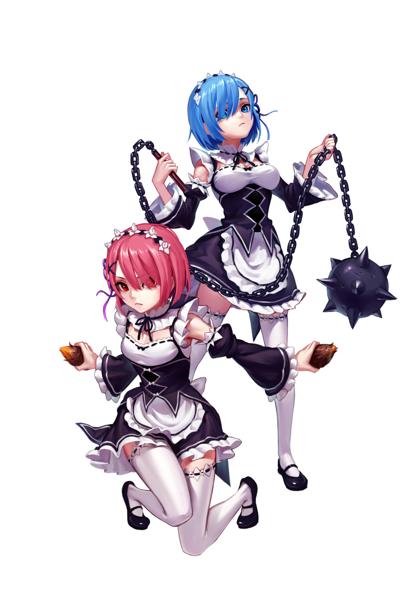&gt;:( 2girls apron arm_garter ball_and_chain bangs black_bow black_ribbon black_shoes blue_eyes blue_hair blue_ribbon bow breasts cleavage closed_mouth detached_sleeves dress dual_wielding eyes_visible_through_hair fkey food frills frown full_body garters hair_ornament hair_over_one_eye hair_ribbon hairband highres holding holding_food holding_weapon legs_apart looking_at_viewer maid mary_janes medium_breasts multiple_girls neck_ribbon one_knee outstretched_arms pink_hair purple_ribbon ram_(re:zero) re:zero_kara_hajimeru_isekai_seikatsu red_eyes rem_(re:zero) ribbon ribbon-trimmed_clothes ribbon-trimmed_sleeves ribbon_trim shoes short_hair siblings simple_background sisters small_breasts spikes standing sweet_potato swept_bangs thigh-highs twins underbust waist_apron weapon white_apron white_background white_bow white_legwear wide_sleeves x_hair_ornament