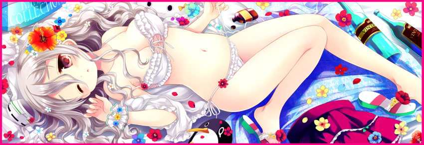 1girl ;o border bottle bra breasts cleavage commentary_request failure_penguin flower front-hook_bra grey_hair hair_flower hair_ornament hat hat_removed headwear_removed hibiscus italian_flag kantai_collection legs lying one_eye_closed panties parted_lips pola_(kantai_collection) red_border red_eyes sakurazawa_izumi sandals side-tie_panties skirt skirt_removed underwear undressing white_bra white_panties wine_bottle