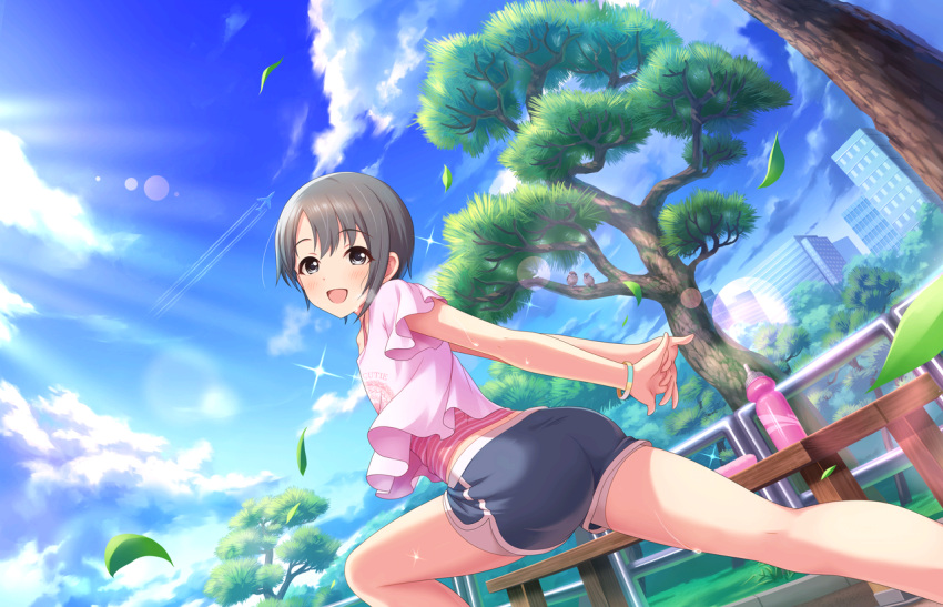 1girl aircraft airplane artist_request ass bangs bird black_eyes black_hair blue_sky blush bottle clouds exercise gym_shorts idolmaster idolmaster_cinderella_girls idolmaster_cinderella_girls_starlight_stage leaf looking_at_viewer official_art open_mouth otokura_yuuki short_hair shorts sky smile solo tree water_bottle wind