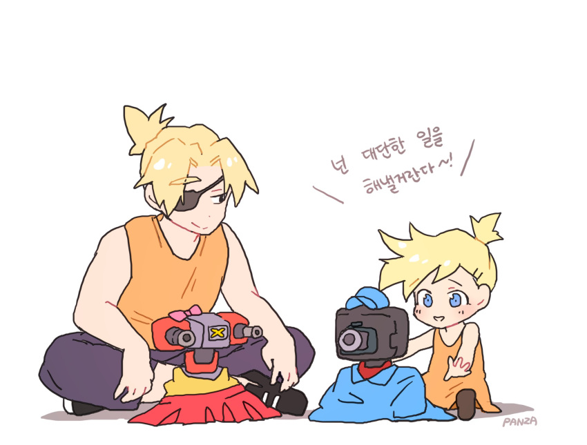1boy 1girl artist_name bare_shoulders black_eyes blonde_hair blue_eyes child dress eyebrows eyebrows_visible_through_hair eyepatch highres indian_style korean machinery mercy_(overwatch) overwatch pants panza ponytail shirt shoes sitting smile torbjorn_(overwatch) translation_request turret younger