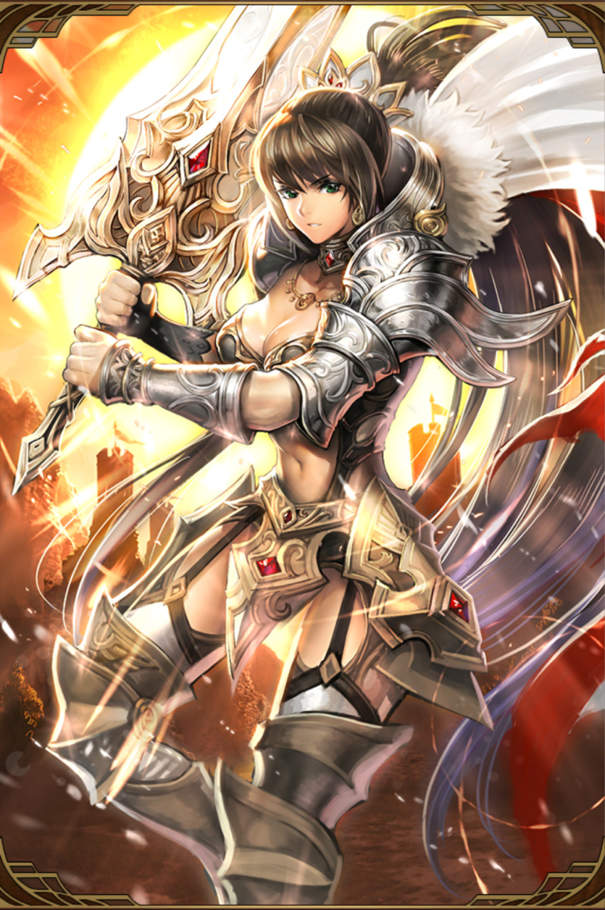 1girl armor artist_request boots breasts brown_hair capelet castle choker cleavage cowboy_shot crotch_plate crown earrings eyebrows eyebrows_visible_through_hair flag garter_straps gem grand_sphere green_eyes highres jewelry knee_boots long_hair medium_breasts midriff navel ponytail shoulder_pads solo sunlight sunset sword thighs tree very_long_hair weapon