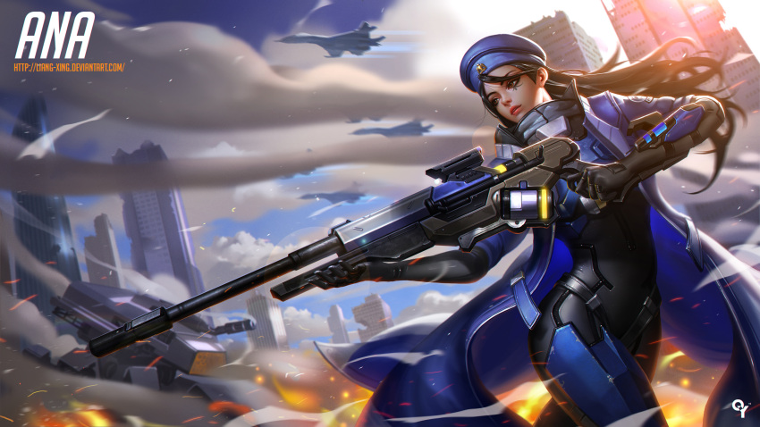 1girl aircraft airplane ana_(overwatch) artist_name bangs battlefield belt big_noodle black_gloves black_hair blue_coat blue_hat blurry bodysuit breasts broken brown_eyes building burning character_name city clouds coat cowboy_shot dark_skin depth_of_field dutch_angle emblem eye_of_horus eyelashes facial_mark facial_tattoo finger_on_trigger floating_hair frown gloves glowing glowing_weapon gun hat highres holding holding_gun holding_weapon lens_flare liangxing light_particles lips logo long_hair long_sleeves looking_to_the_side motion_blur open_clothes open_coat outdoors outstretched_arm overwatch parted_lips red_lips rifle sky skyscraper smoke solo tattoo wallpaper watermark weapon web_address wind younger
