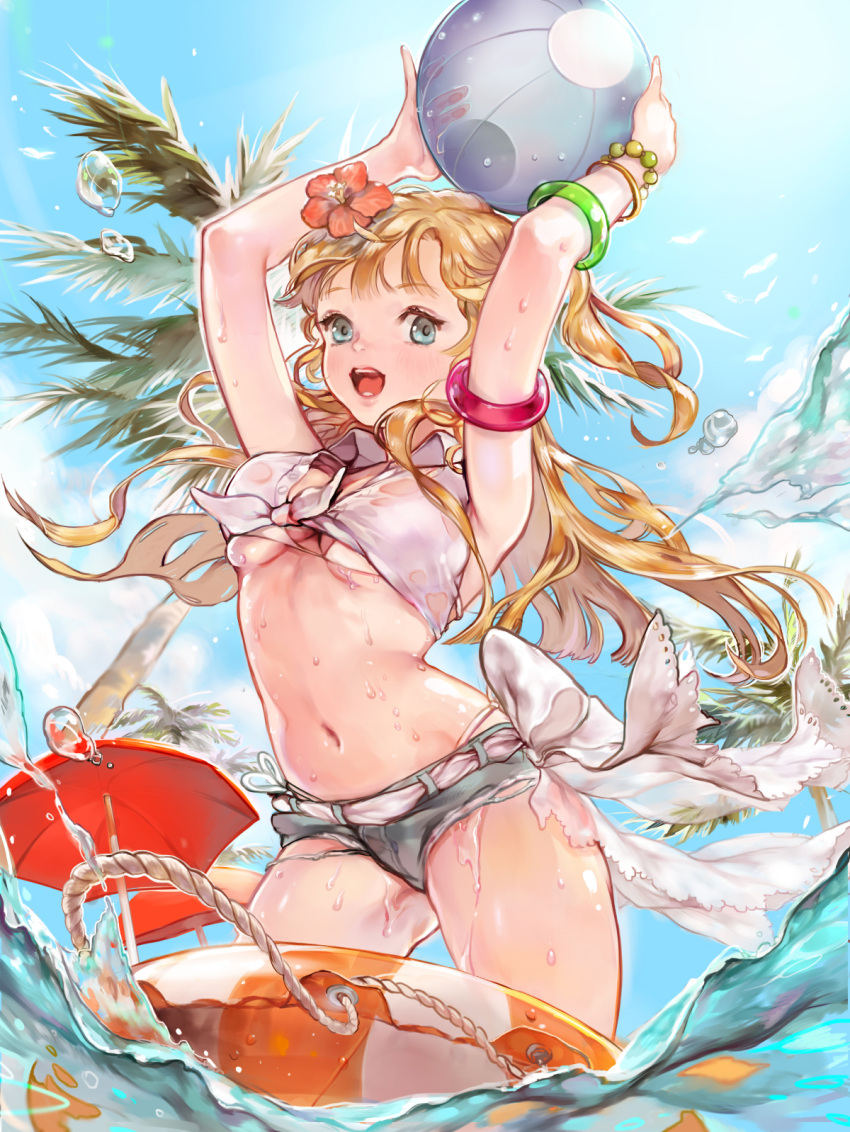 1girl :d arms_up ball bangs beach_umbrella beachball belt bikini bikini_under_clothes blue_shorts bow bracelet breasts clouds collared_shirt cowboy_shot crop_top dress_shirt eyebrows eyebrows_visible_through_hair flower front-tie_top hair_flower hair_ornament hibiscus highres holding holding_ball jewelry lace-trimmed_bow lace_trim lifebuoy looking_at_viewer midriff navel ocean open_mouth original outdoors palm_tree rope see-through shirt short_shorts shorts side-tie_bikini skindentation sky sleeveless smile solo stomach strap_gap summer swimsuit swimsuit_under_clothes tied_shirt tom_sun tongue torn_clothes torn_shorts transparent tree umbrella unbuttoned under_boob undersized_clothes wading water water_drop wet wet_clothes wet_shirt white_bikini white_bow white_shirt