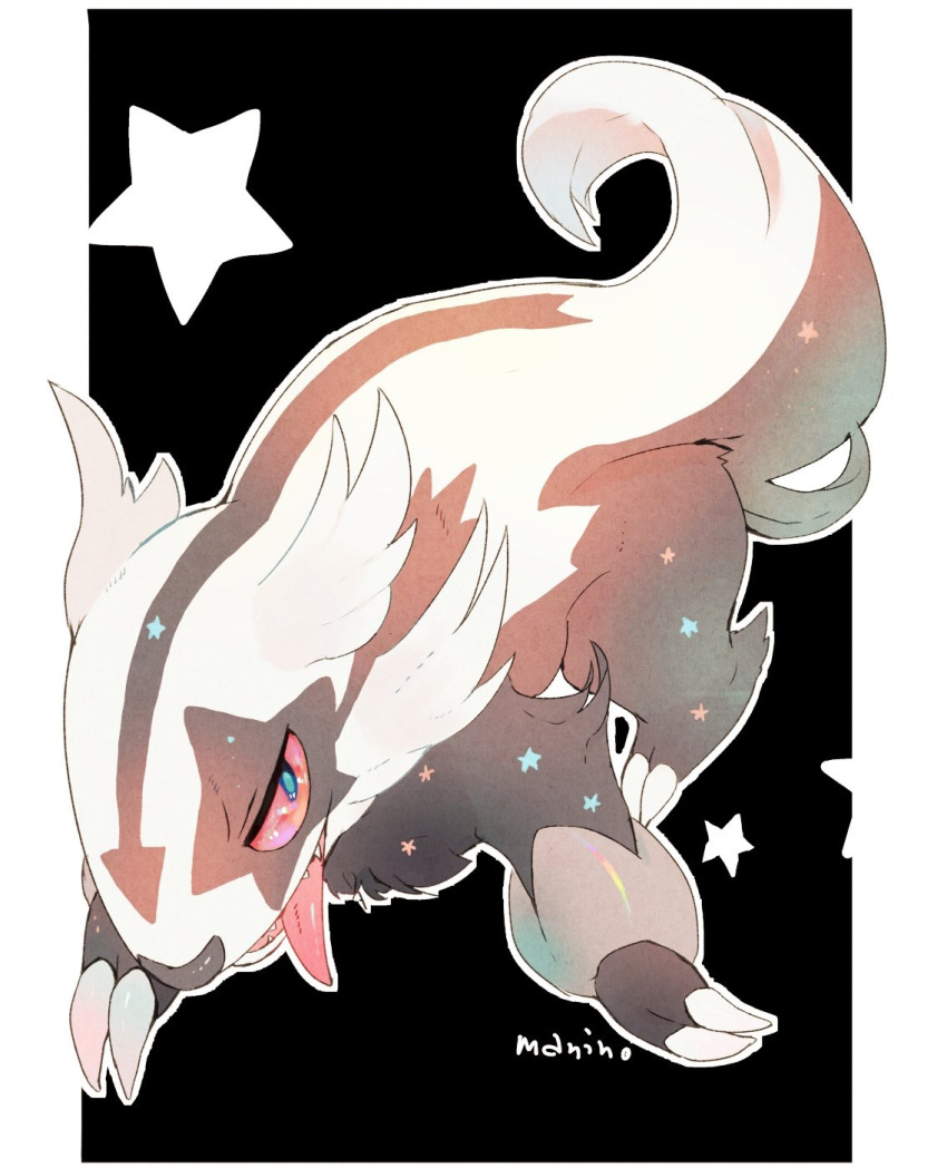 black_background commentary_request directional_arrow full_body galar_form galarian_linoone gen_3_pokemon highres linoone manino_(mofuritaionaka) no_humans pokemon pokemon_(creature) signature star tongue tongue_out two-tone_background white_background