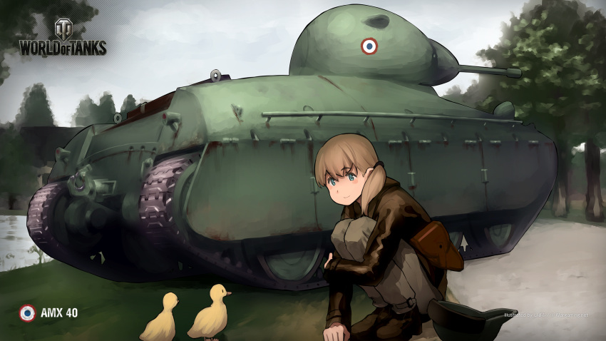 1girl amx-40 bird blonde_hair duck ground_vehicle highres military military_vehicle motor_vehicle shibafu_(glock23) tank tied_hair wargaming_japan world_of_tanks