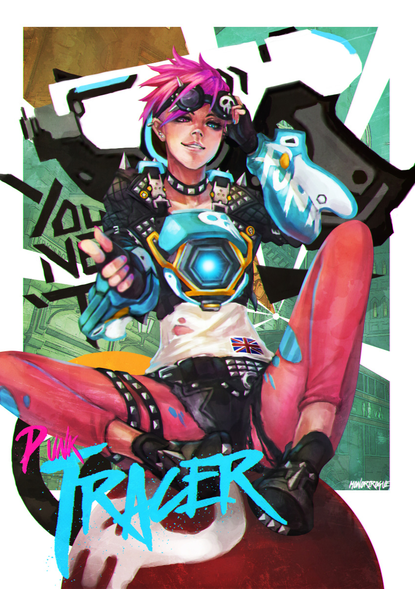 1girl absurdres alternate_costume alternate_hair_color choker highres looking_at_viewer monori_rogue overwatch pink_hair punk punk_tracer smile solo spiky_hair sunglasses sunglasses_on_head tracer_(overwatch) union_jack