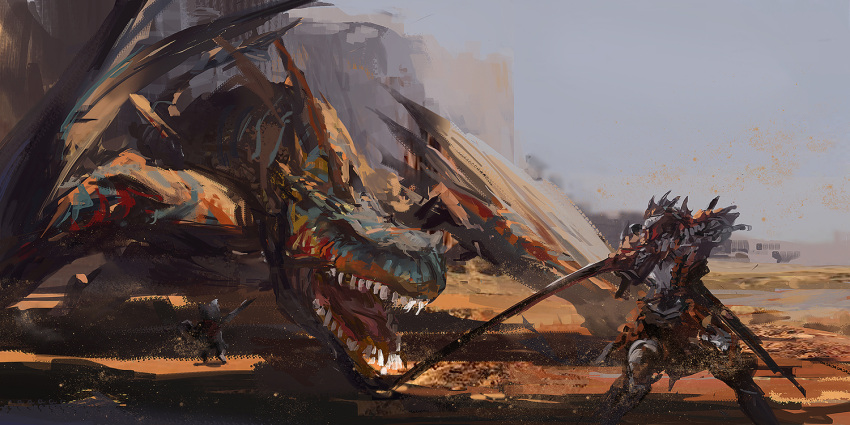 1boy armor battle desert felyne fighting_stance full_armor holding holding_sword holding_weapon jaw long_sword monster_hunter rathalos_(armor) sharp_teeth stu_dts sword teeth tigrex weapon wings wyvern