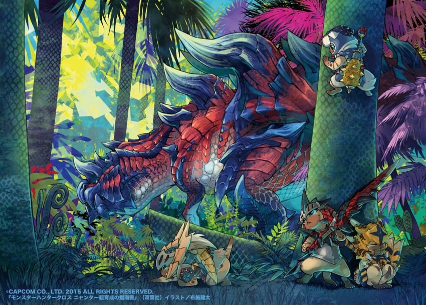 all_fours armor arzuros_(armor) between_legs blue_eyes cat clenched_teeth climbing climbing_tree closed_eyes copyright felyne forest from_side fuse_ryuuta glavenus hands_on_own_face hiding holding holding_sword holding_weapon jaw monster monster_hunter monster_hunter_x nature no_humans rathalos_(armor) spikes sweat sword tail tail_between_legs teeth tigrex_(armor) tree tyrannosaurus_rex weapon wyvern zinogre_(armor)