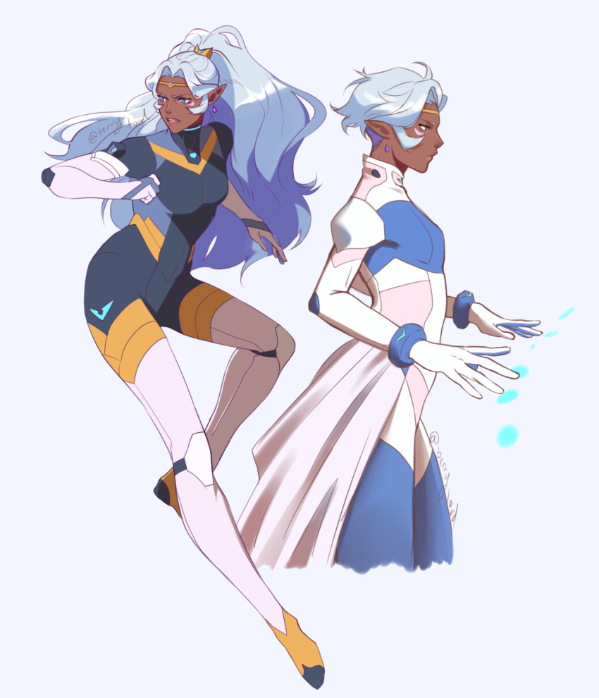 1girl alternate_hairstyle berrylord blue_background bodysuit dark_skin dual_persona earrings facial_mark full_body high_ponytail highres hyakujuu-ou_golion jewelry long_hair pointy_ears ponytail princess_allura purple_hair short_hair simple_background solo twitter_username voltron:_legendary_defender