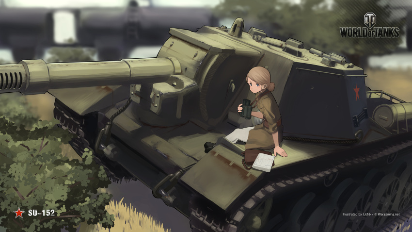 1girl binoculars blonde_hair ground_vehicle highres military military_vehicle motor_vehicle shibafu_(glock23) solo tank tied_hair wargaming_japan white_legwear world_of_tanks