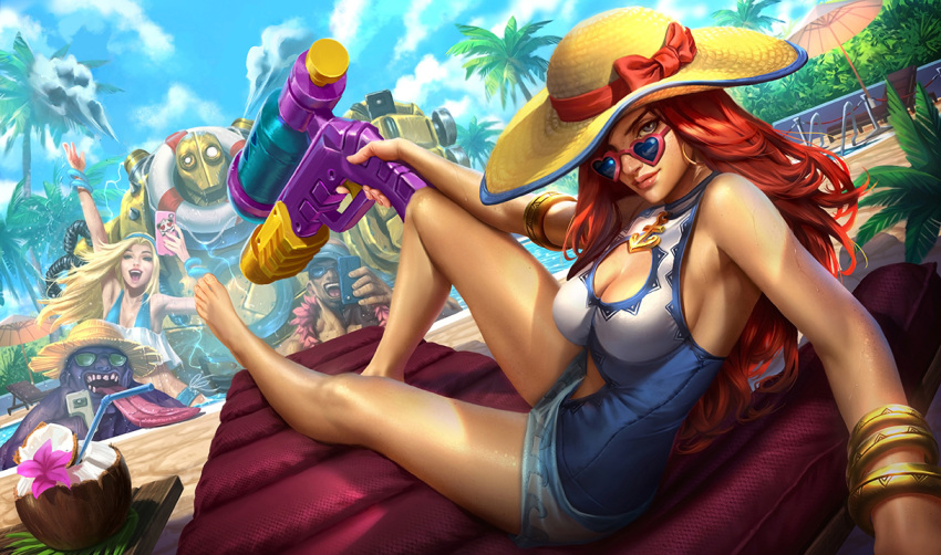 2boys 2girls armlet barefoot blitzcrank blonde_hair blue_eyes bracelet breasts cellphone cleavage cleavage_cutout curly_hair dr._mundo feather_boa grey_eyes hairband hat heart-shaped_sunglasses jewelry large_breasts league_of_legends lee_sin lifebuoy long_hair long_tongue looking_at_viewer looking_back luxanna_crownguard multiple_boys multiple_girls official_art one-piece_swimsuit palm_tree phone pool pool_party_miss_fortune purple_skin redhead robot sarah_fortune sitting smartphone straw_hat sun_hat super_soaker swimsuit tongue tongue_out tree water_gun